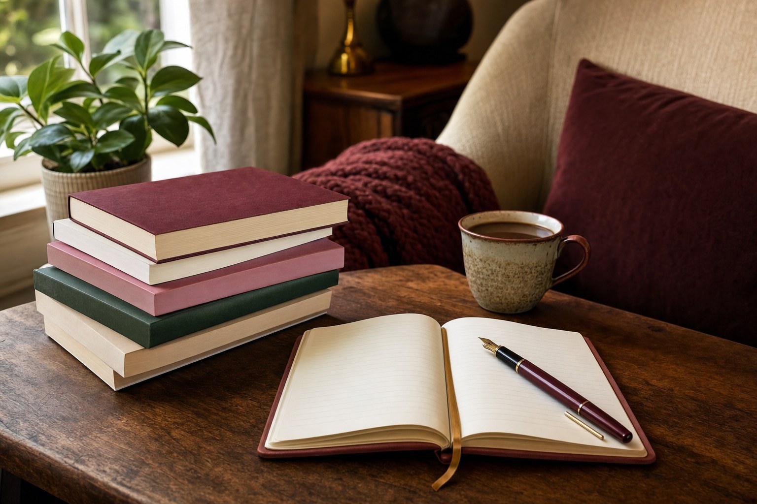 Stack of unlabeled books, coffee, and an open reading journal in a warm reading nook