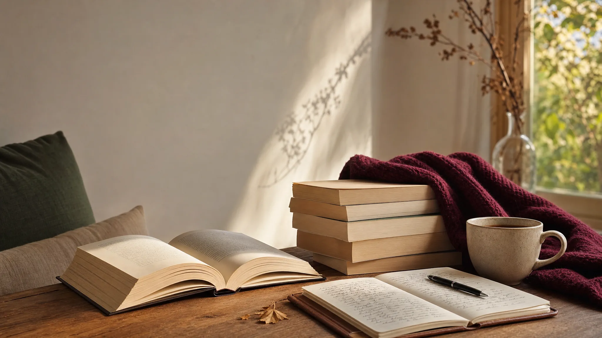 Open books, a reading journal, and coffee in a warm sunlit reading nook