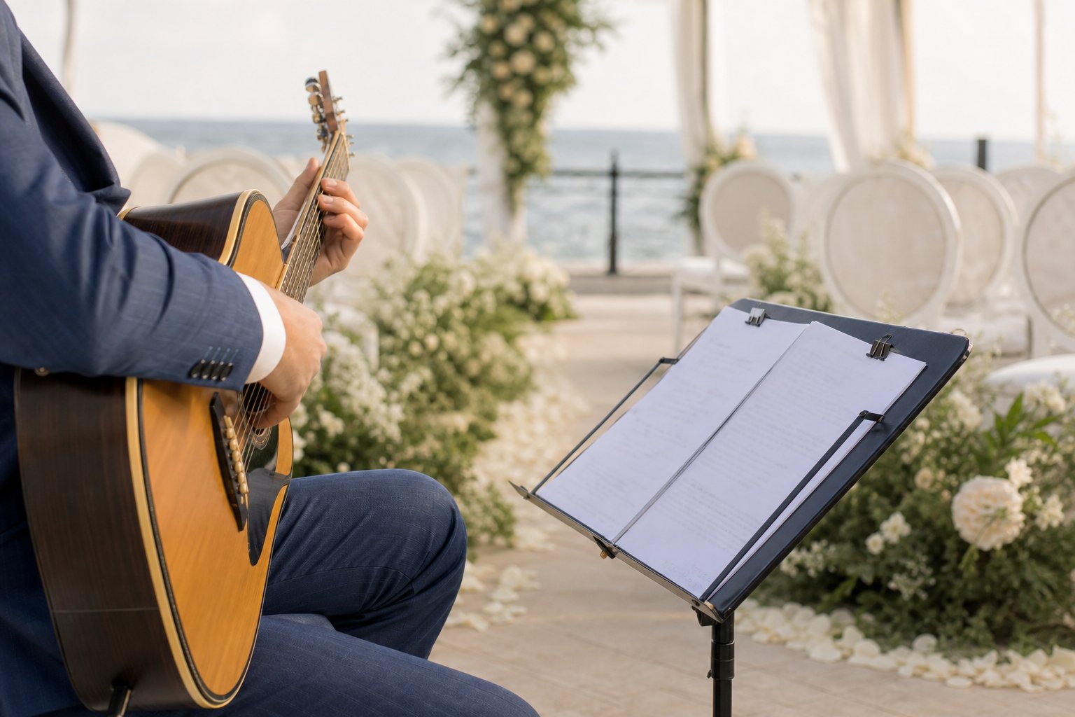 Guitarist beside a coastal wedding aisle with a ceremony cue sheet