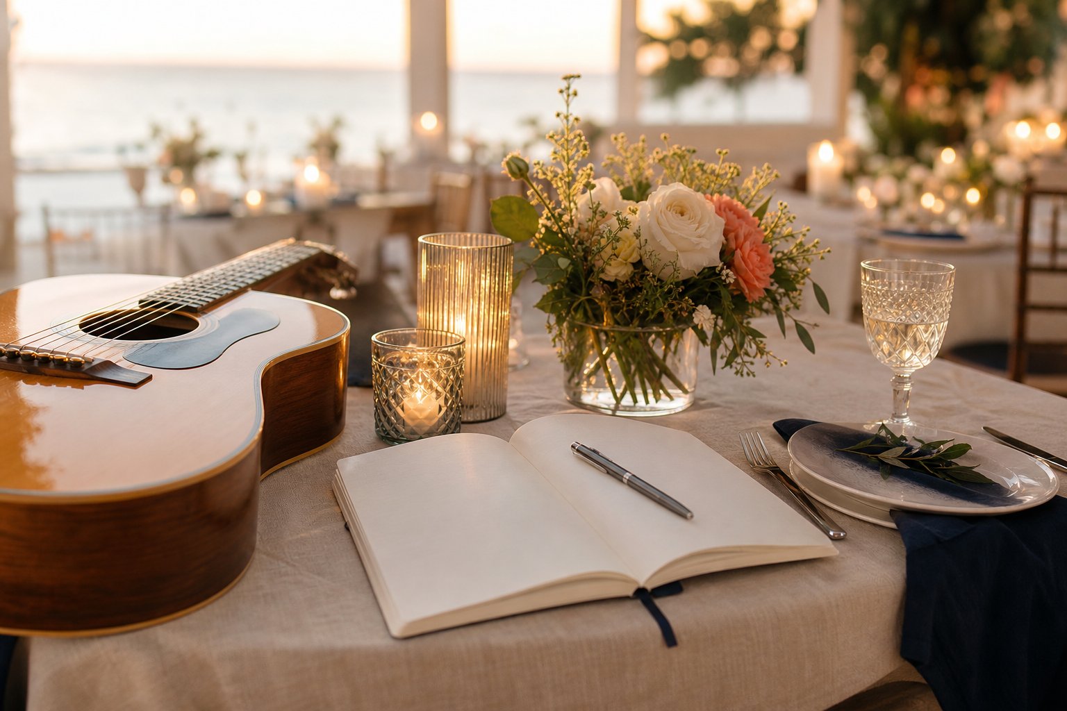 Acoustic guitar, candlelight and wedding planning notebook on a reception table