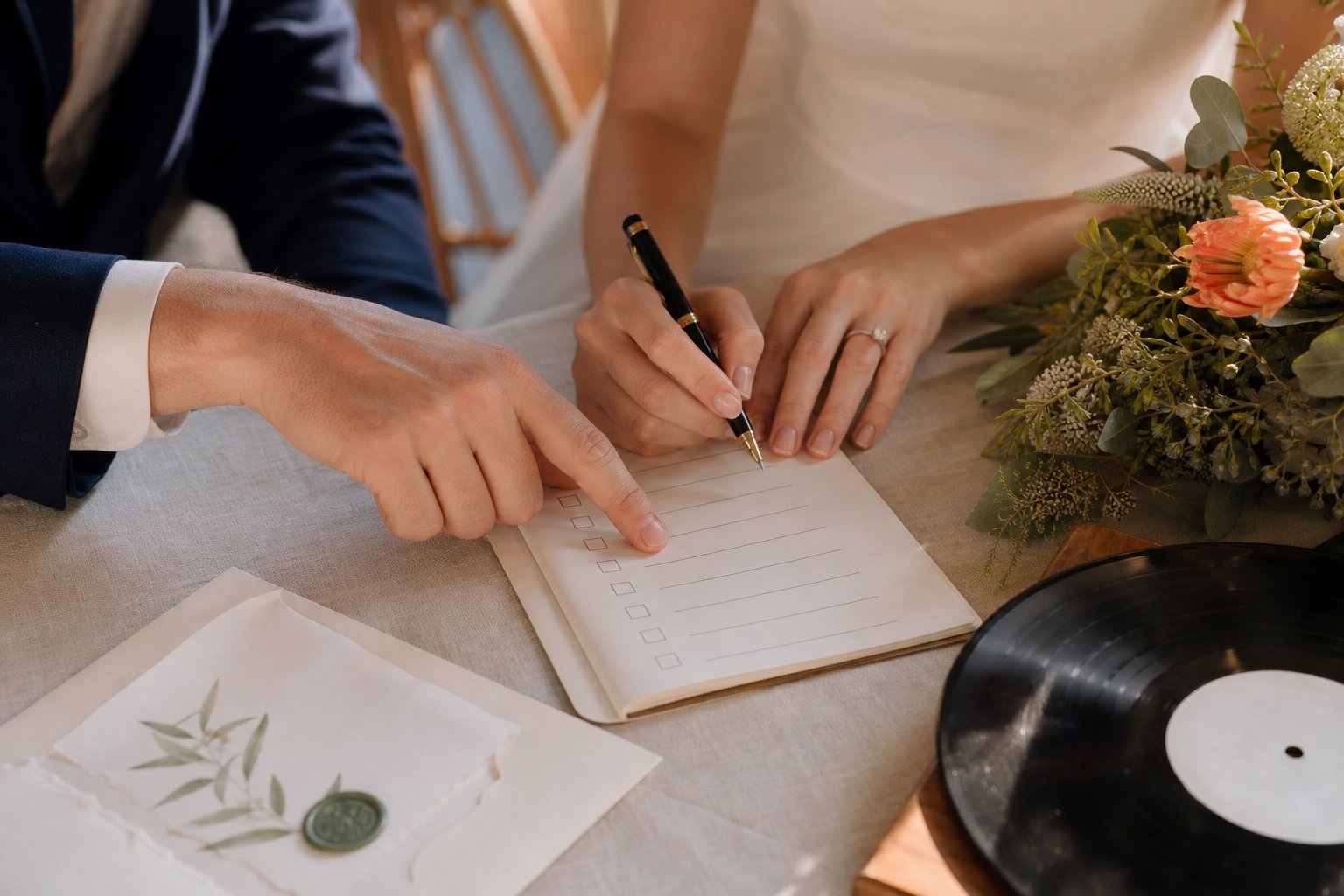Couple choosing songs from a wedding music checklist
