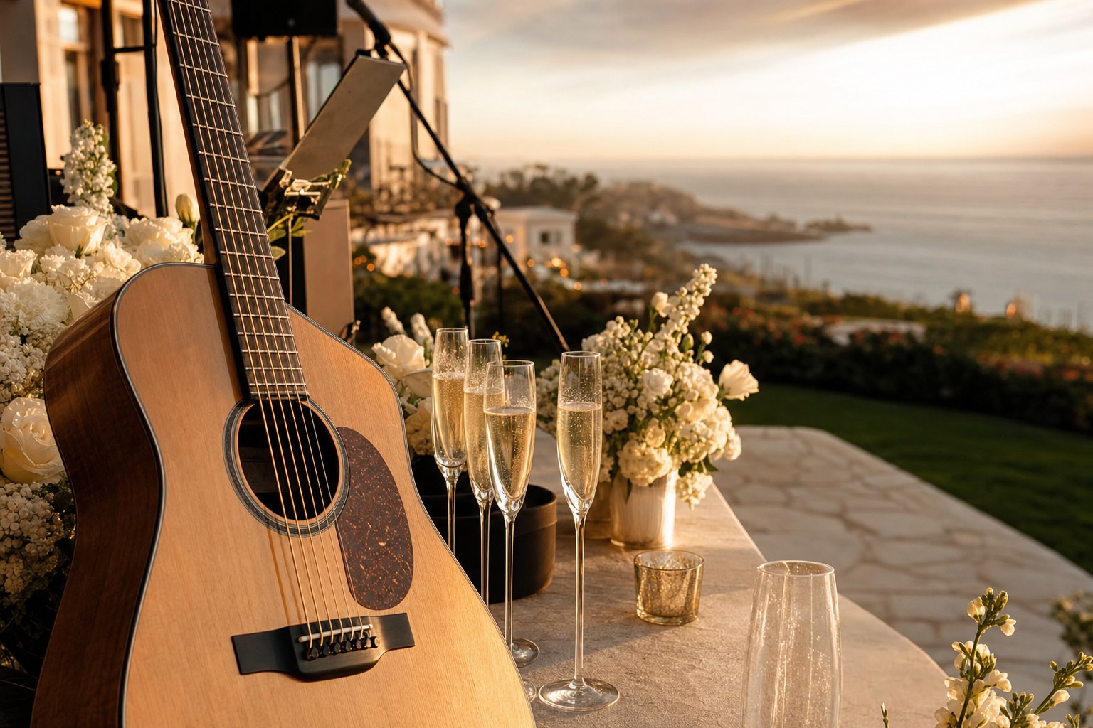 Acoustic guitar and champagne at a coastal wedding cocktail hour