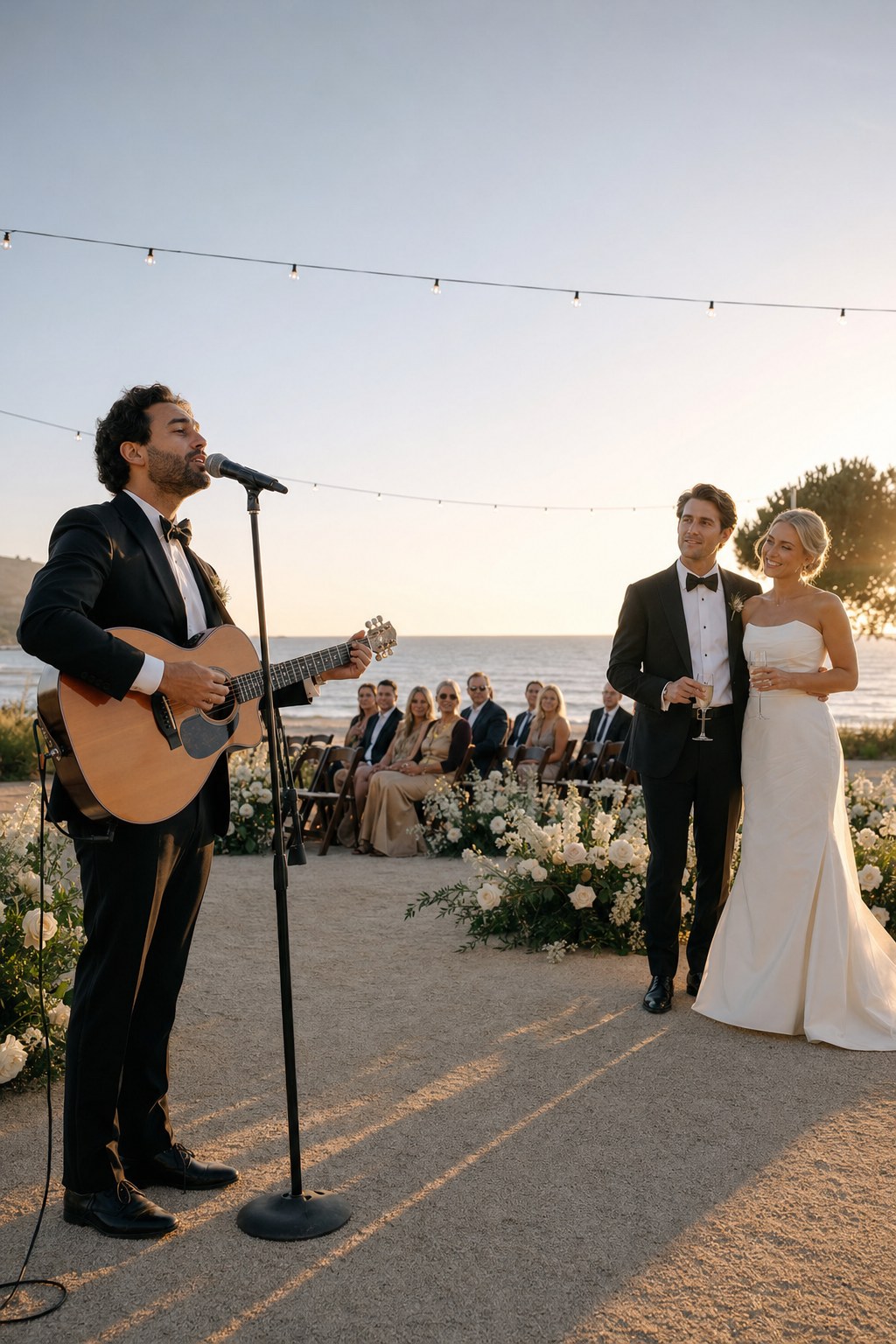 Singer and guitarist performing at a coastal wedding ceremony