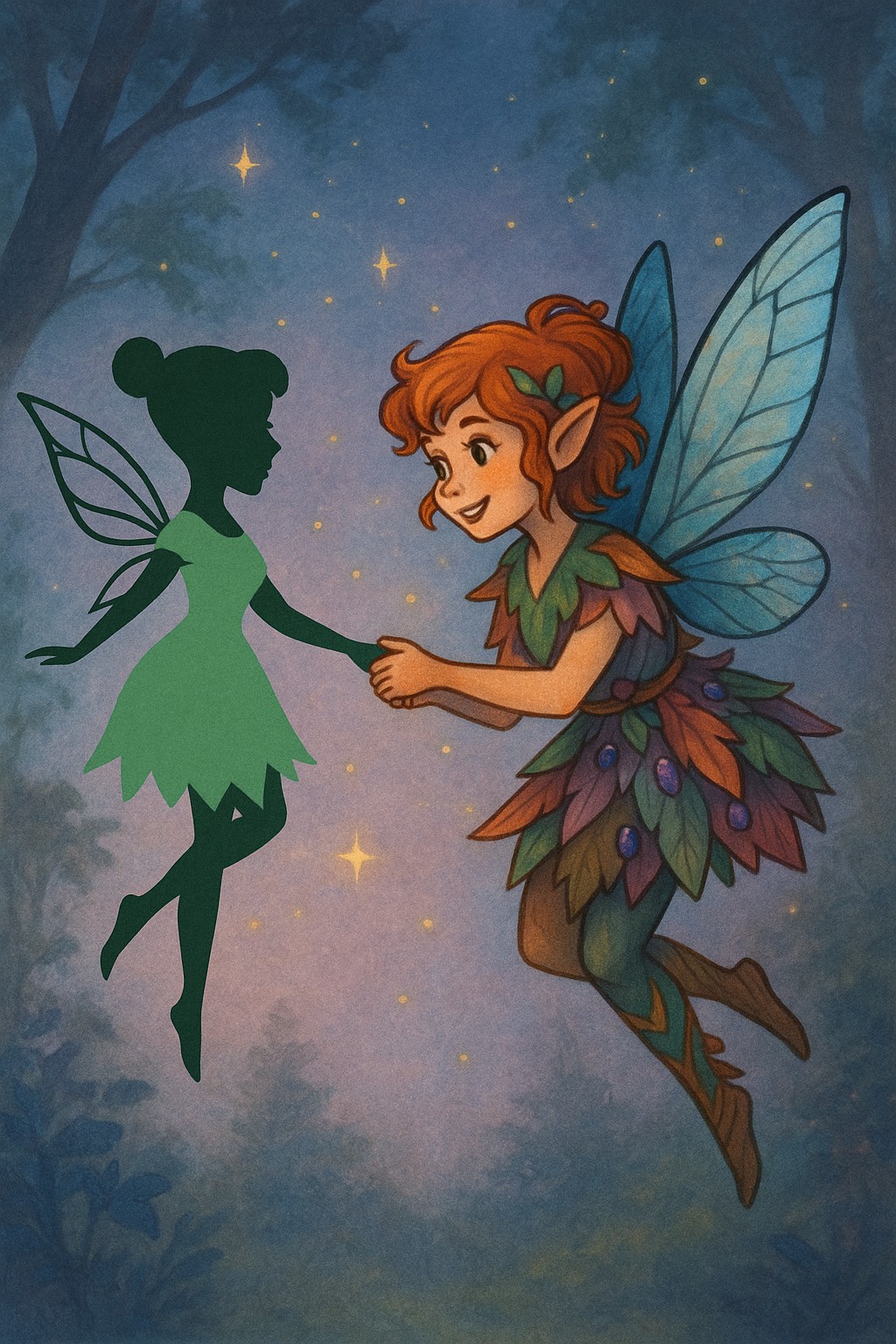 The Fairlight Fairy meeting her silhouette counterpart beneath a night sky