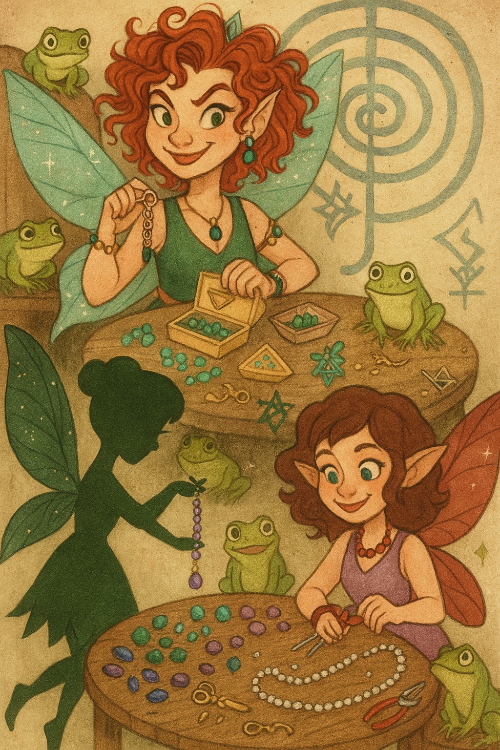 Fairlight Fairy, Silhouette, and frogs working together at bead tables