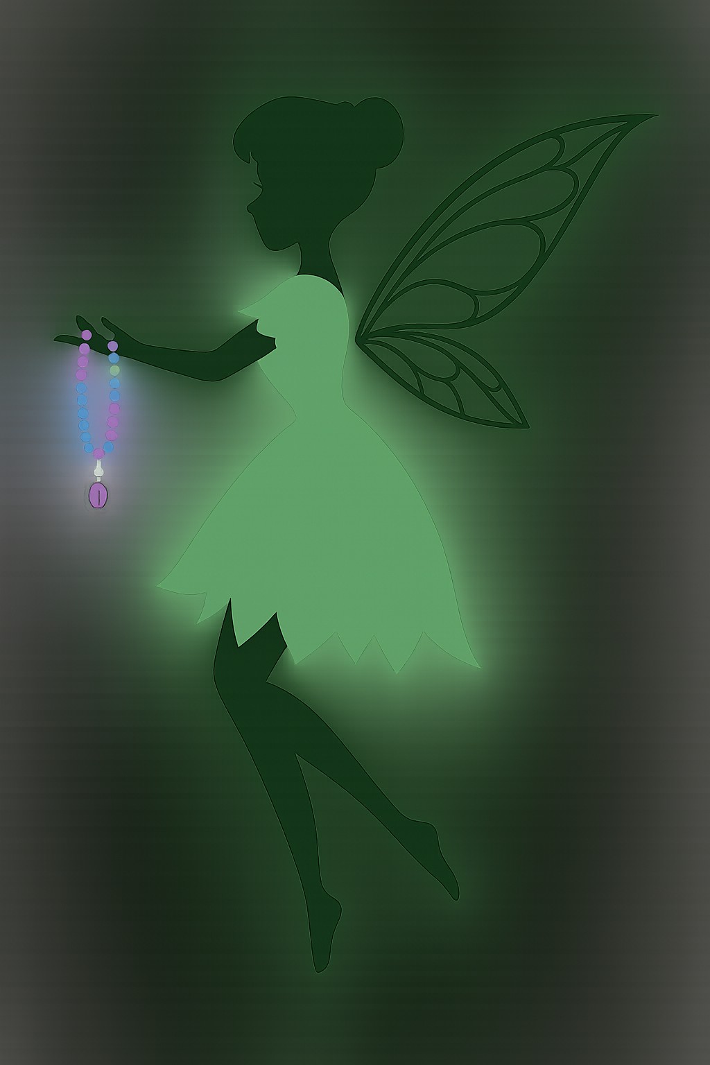 Silhouette, a green fairy holding a glowing beaded pendant