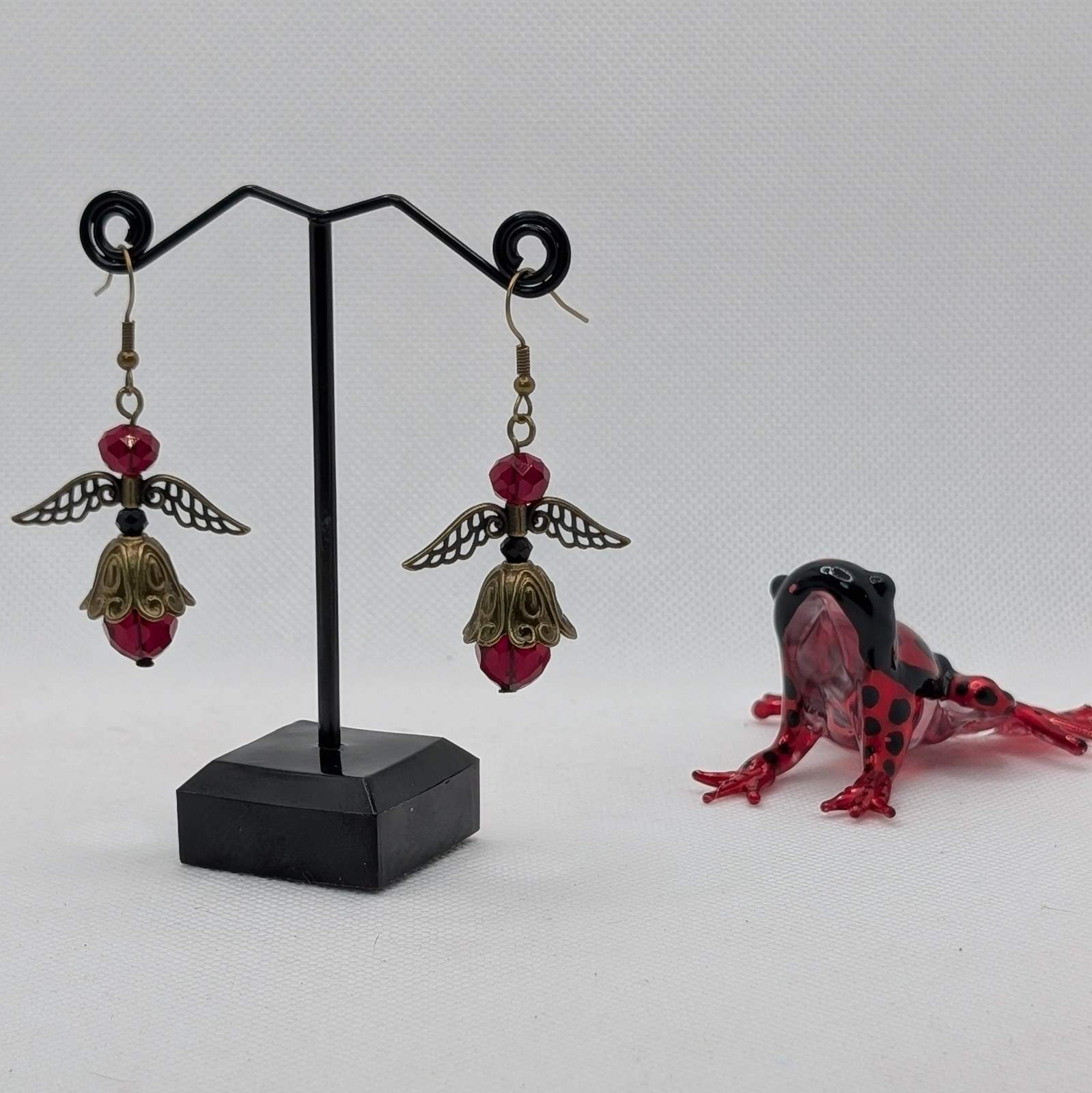 Flarabell | Wine Red Faceted Glass & Antique Bronze Winged Fairy Earrings