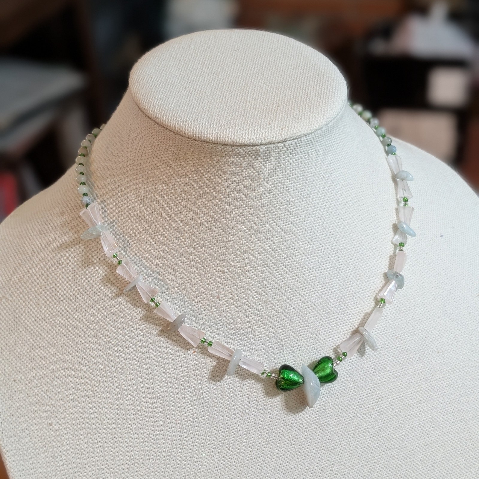 Flutterheart| Butterfly Fairy Necklace – Rose Quartz, Aquamarine & Green Glass Wings