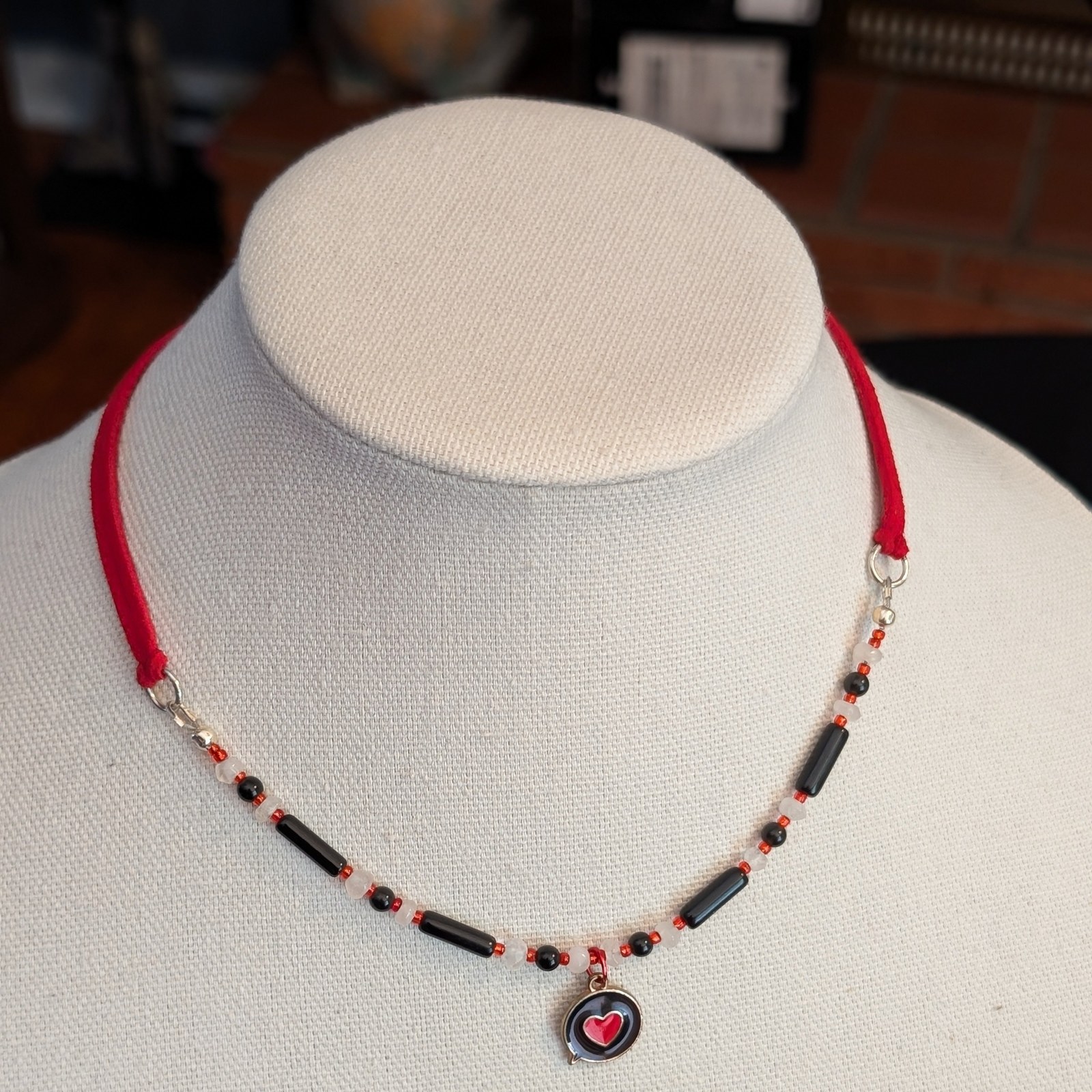Black obsidian and pink quartz handmade choker with a heart pendant