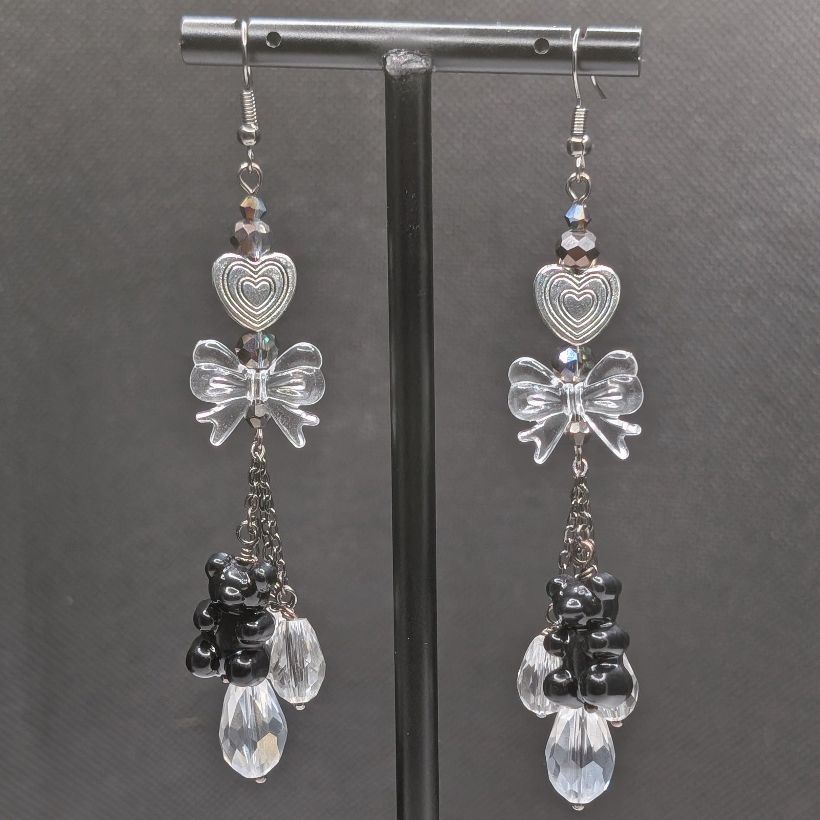 Black gummy bear earrings with clear bows and crystal drops
