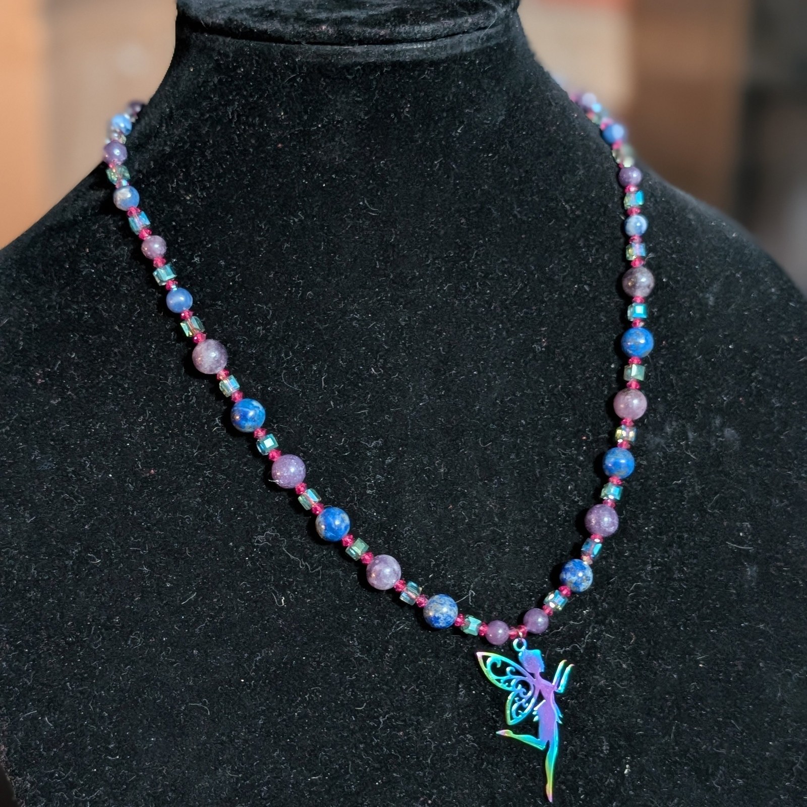 Handmade fairy necklace with blue gemstone beads