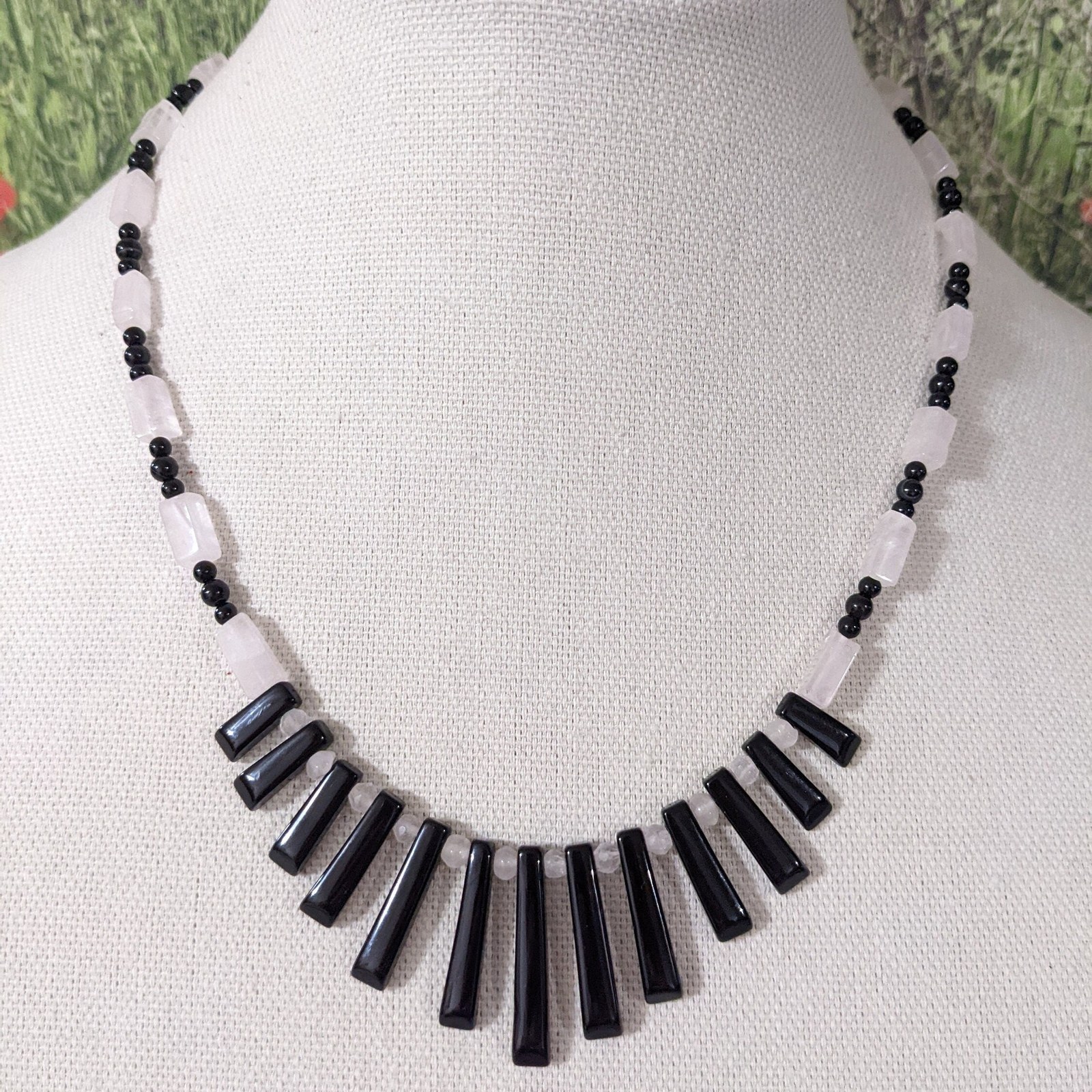 Rose quartz and black onyx handmade fan necklace