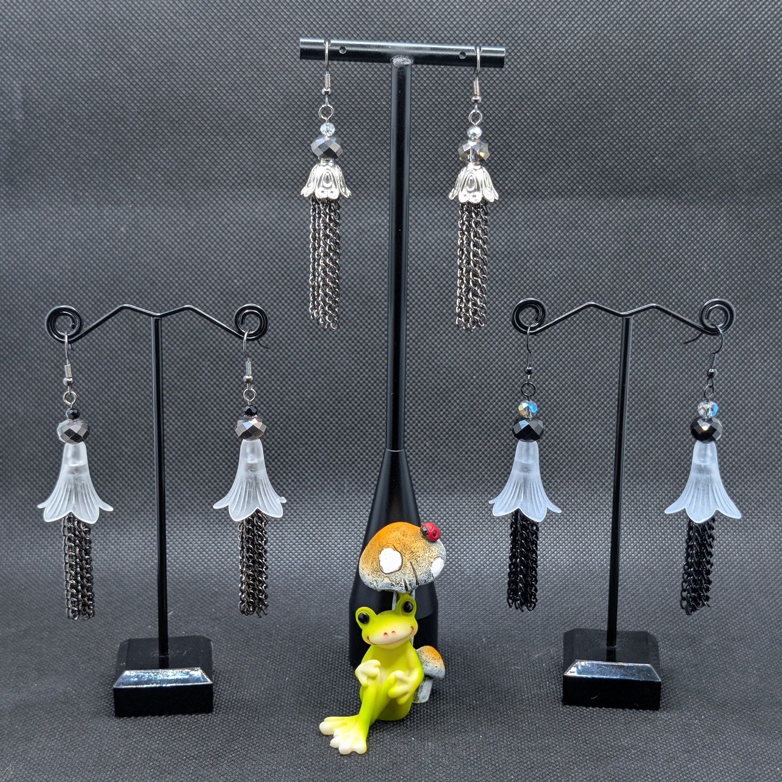 Flower earrings with cascading chain fringe