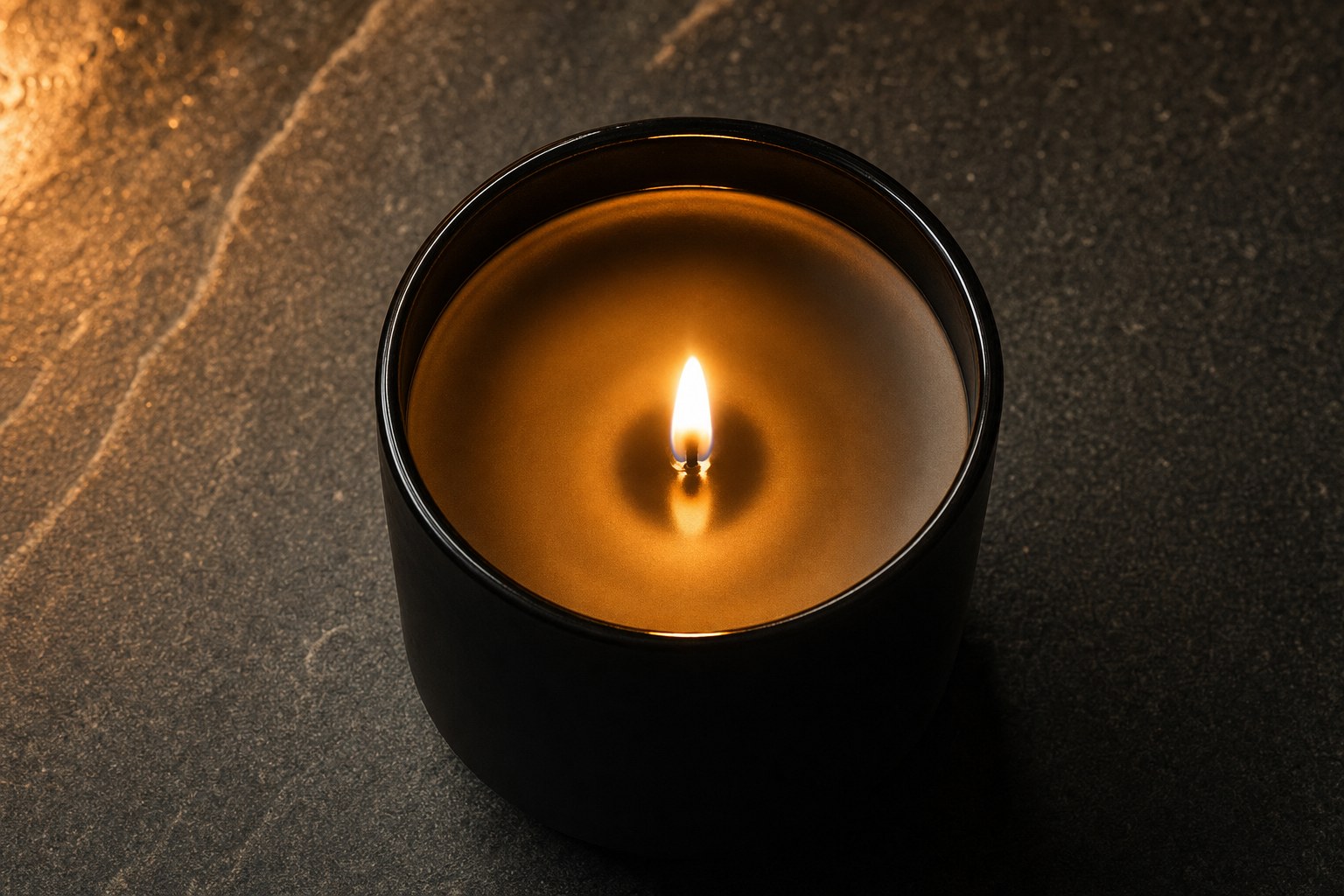 An even melt pool around the flame of a black container candle.