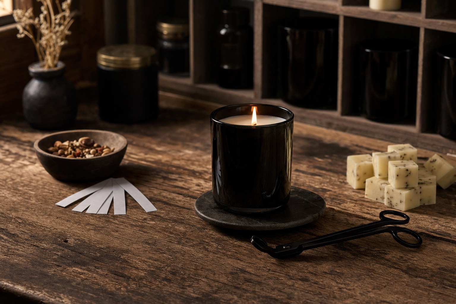 A black container candle, wick trimmer, wax pieces, and scent strips on a wooden worktable.