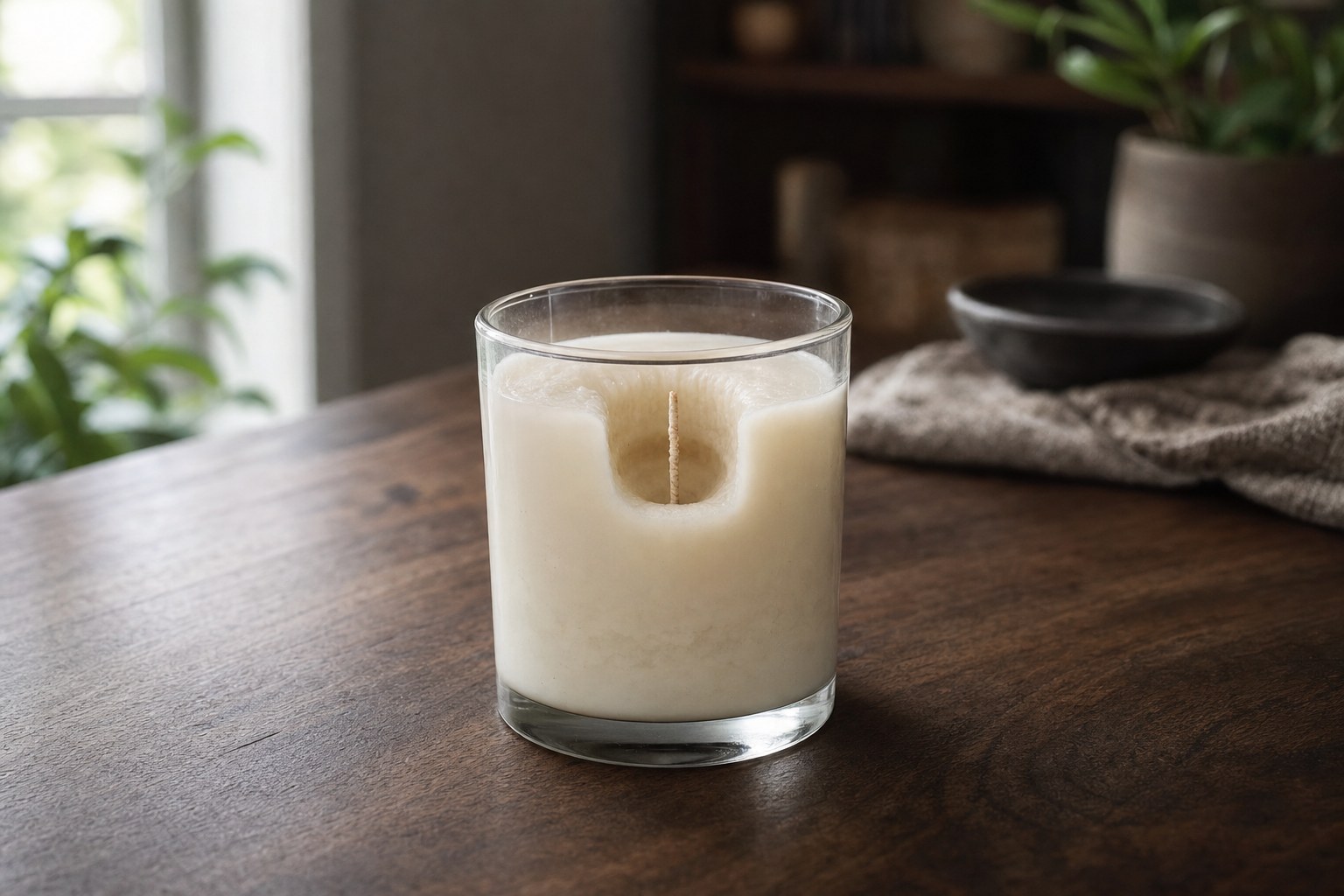 A glass container candle with a narrow tunnel around its wick.