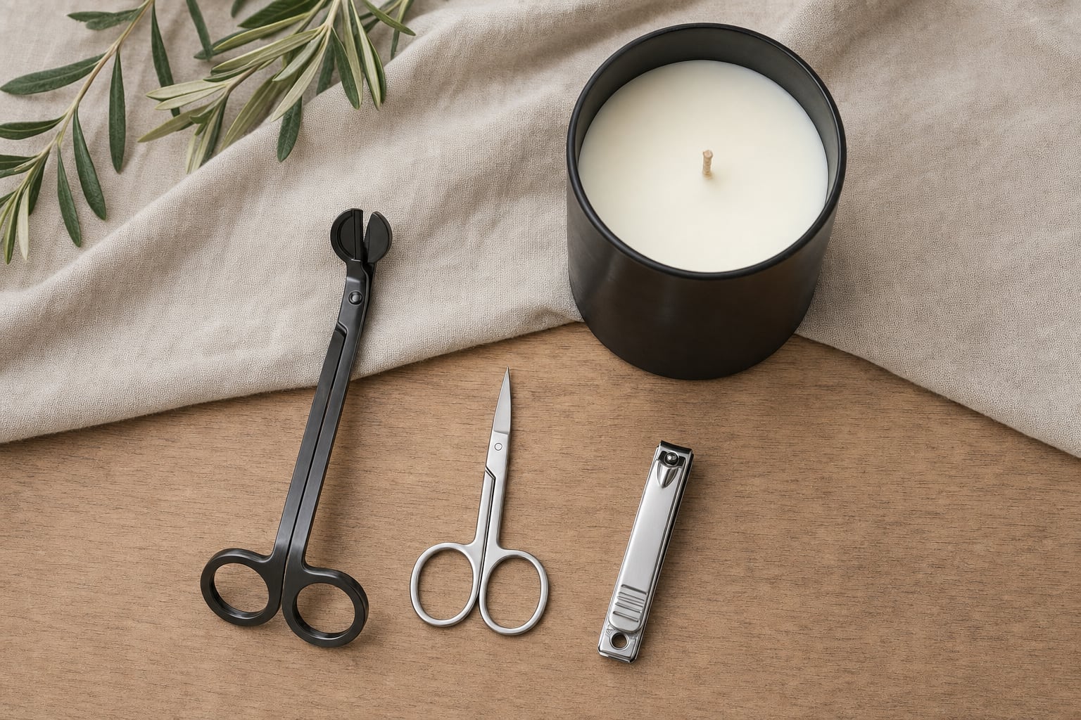 A wick trimmer, small scissors, and nail clippers beside a cooled candle.