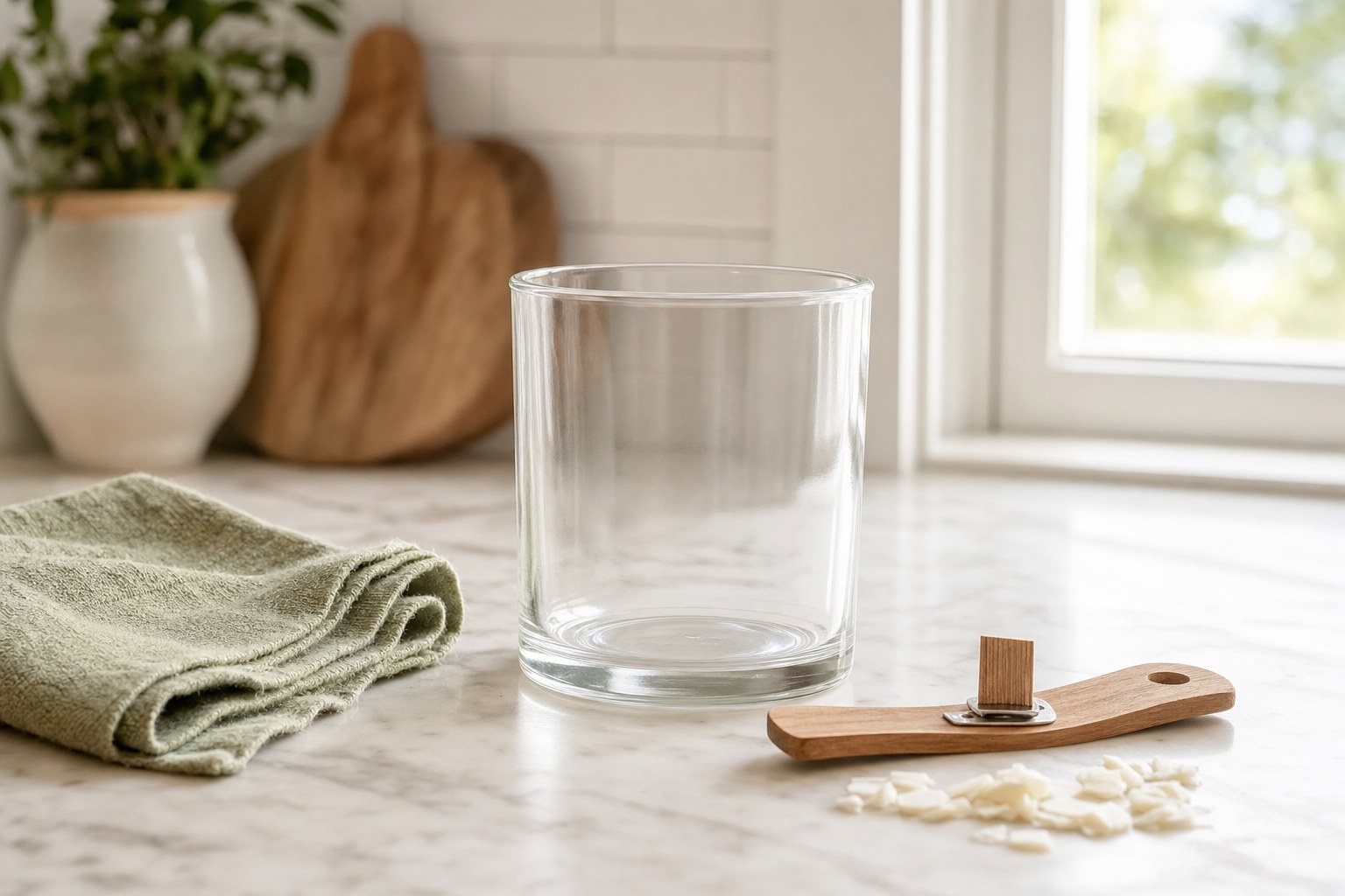 A clean empty glass candle vessel ready to be reused.