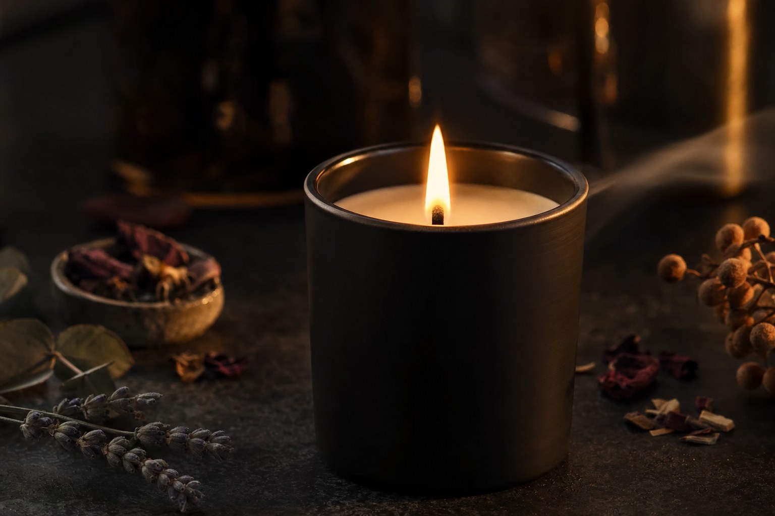 A lit black container candle surrounded by dried botanical scent ingredients.