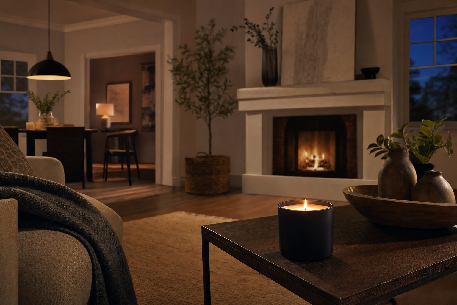 A lit candle on a coffee table in a cozy living room.