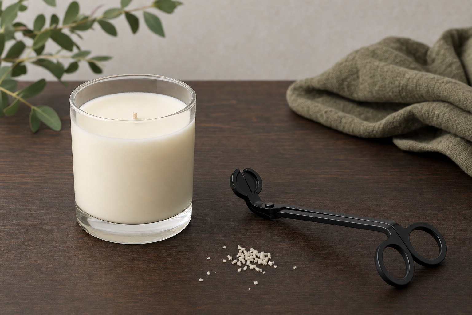 A cooled container candle with a wick trimmer on a wood surface.