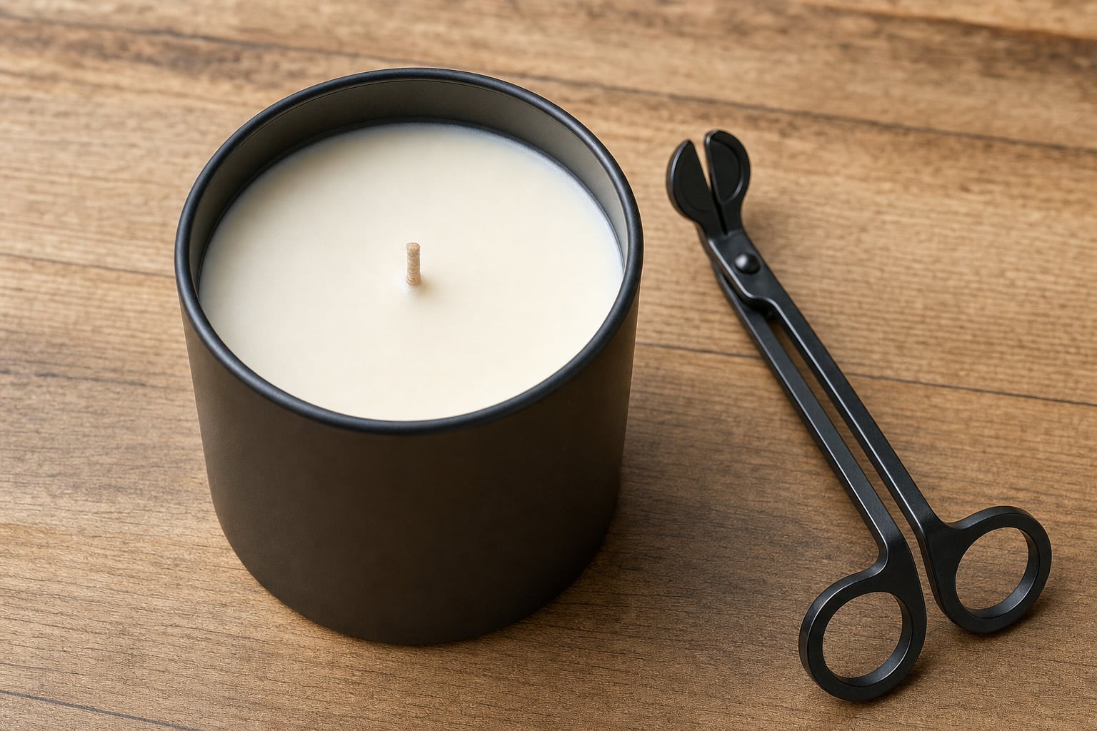 A cooled black container candle with a short, tidy wick and a wick trimmer.