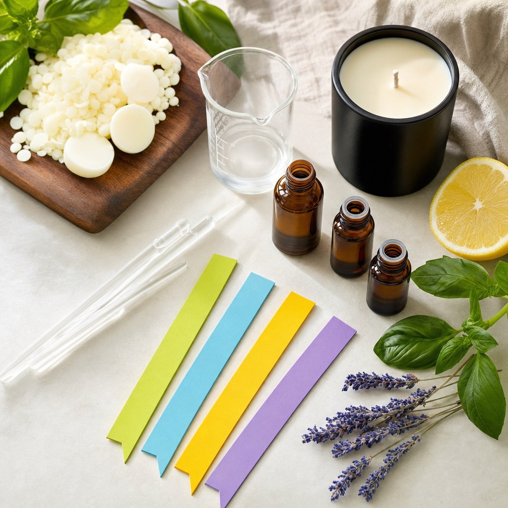 Fragrance bottles, wax, scent strips, and a candle set out for custom blending.