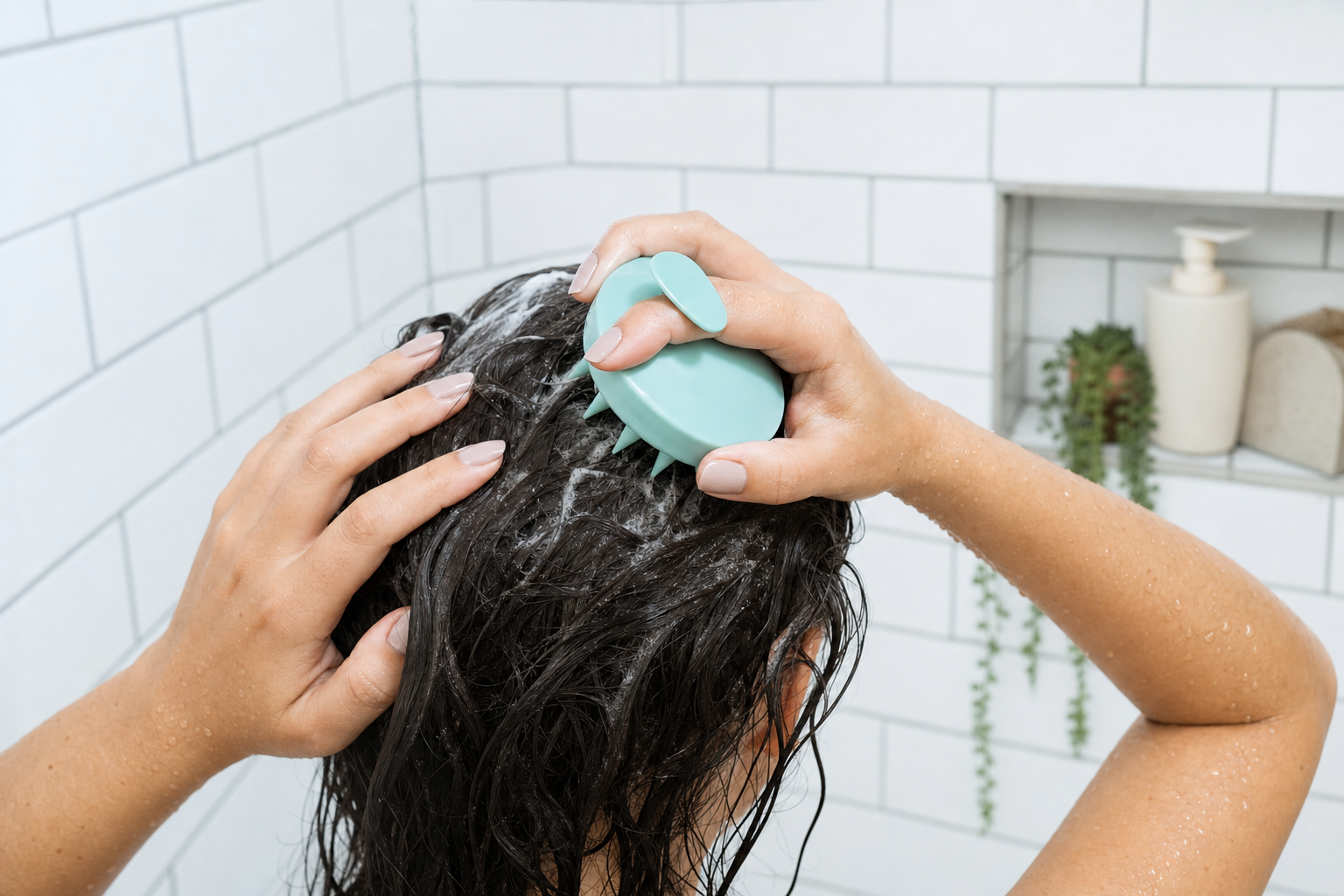 Hands using a soft scalp massager during a hair wash