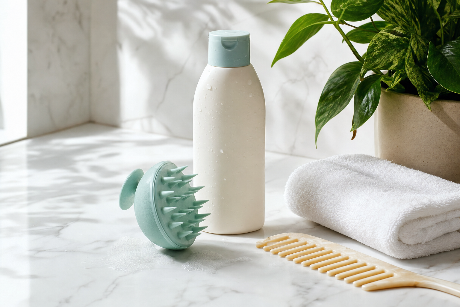 Scalp care essentials arranged on a bathroom counter