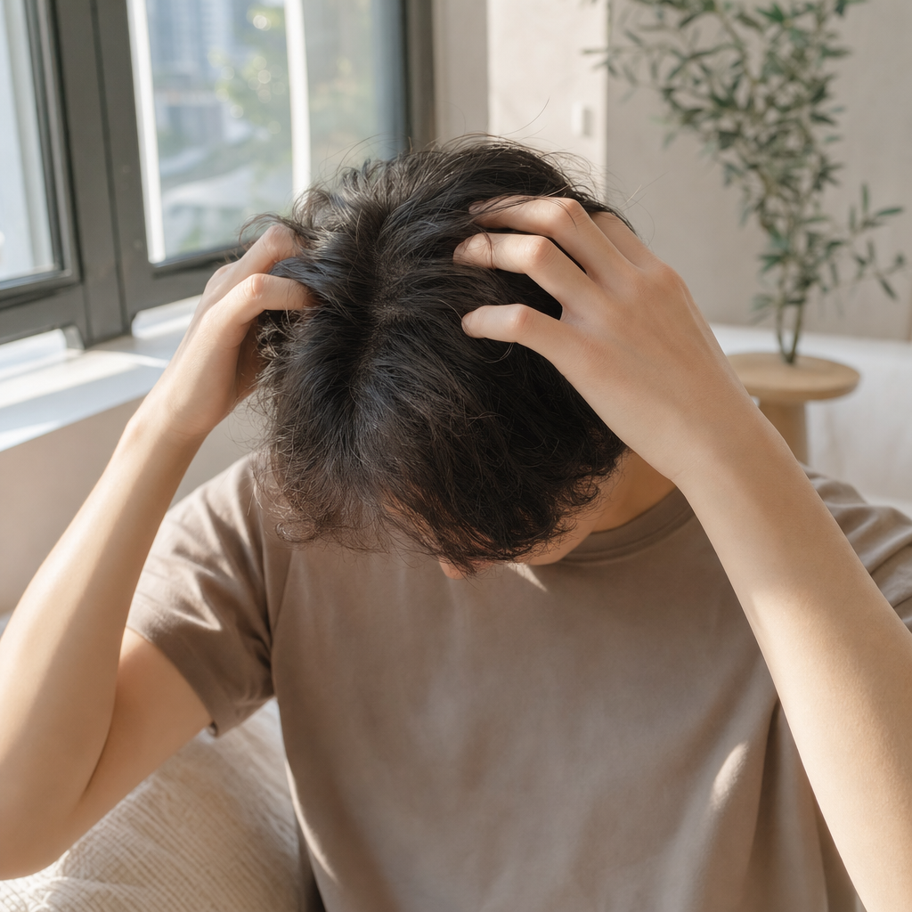 Person gently massaging their scalp with fingertips