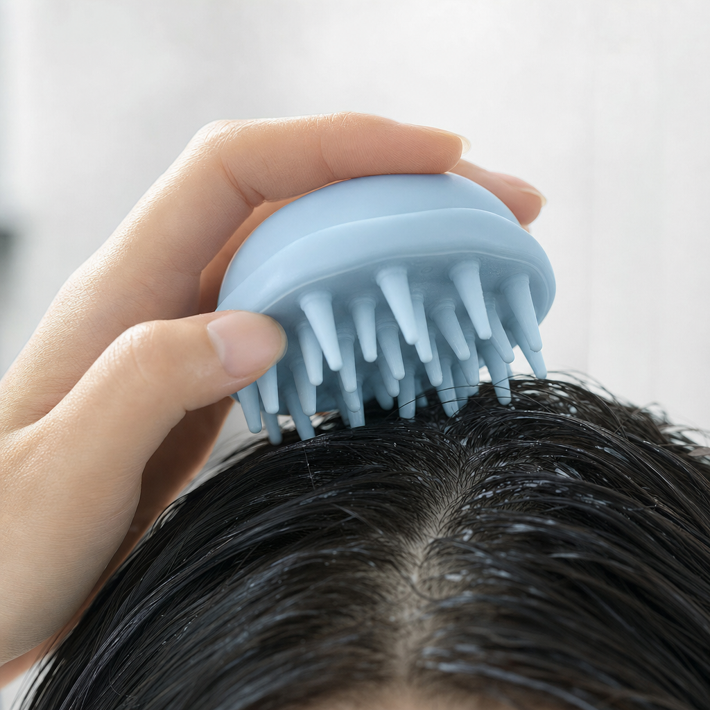 A soft scalp massager resting gently on damp hair