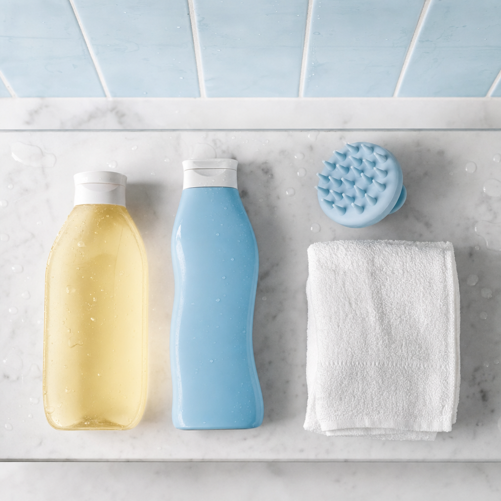 A shampoo, conditioner, towel and scalp massager arranged for wash day