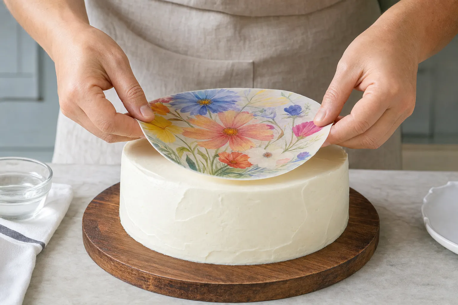 Hands lowering an edible floral image onto a smooth buttercream cake