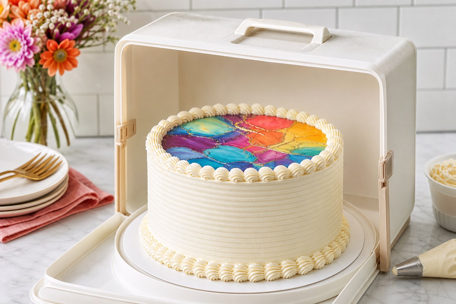 Finished edible-image cake in a tall carrier with clear space above the frosting