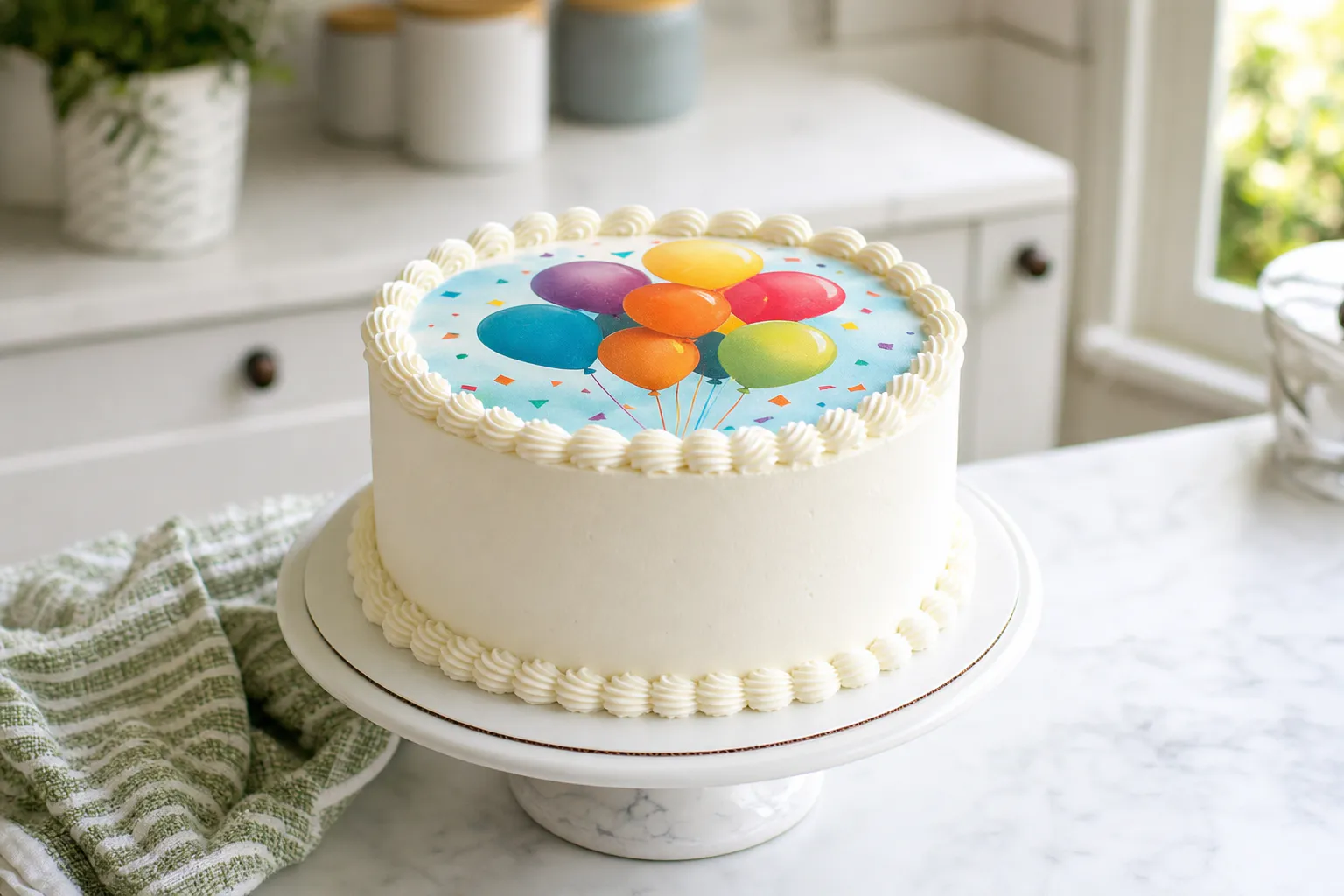 Finished white celebration cake with a colorful edible balloon image and piped border