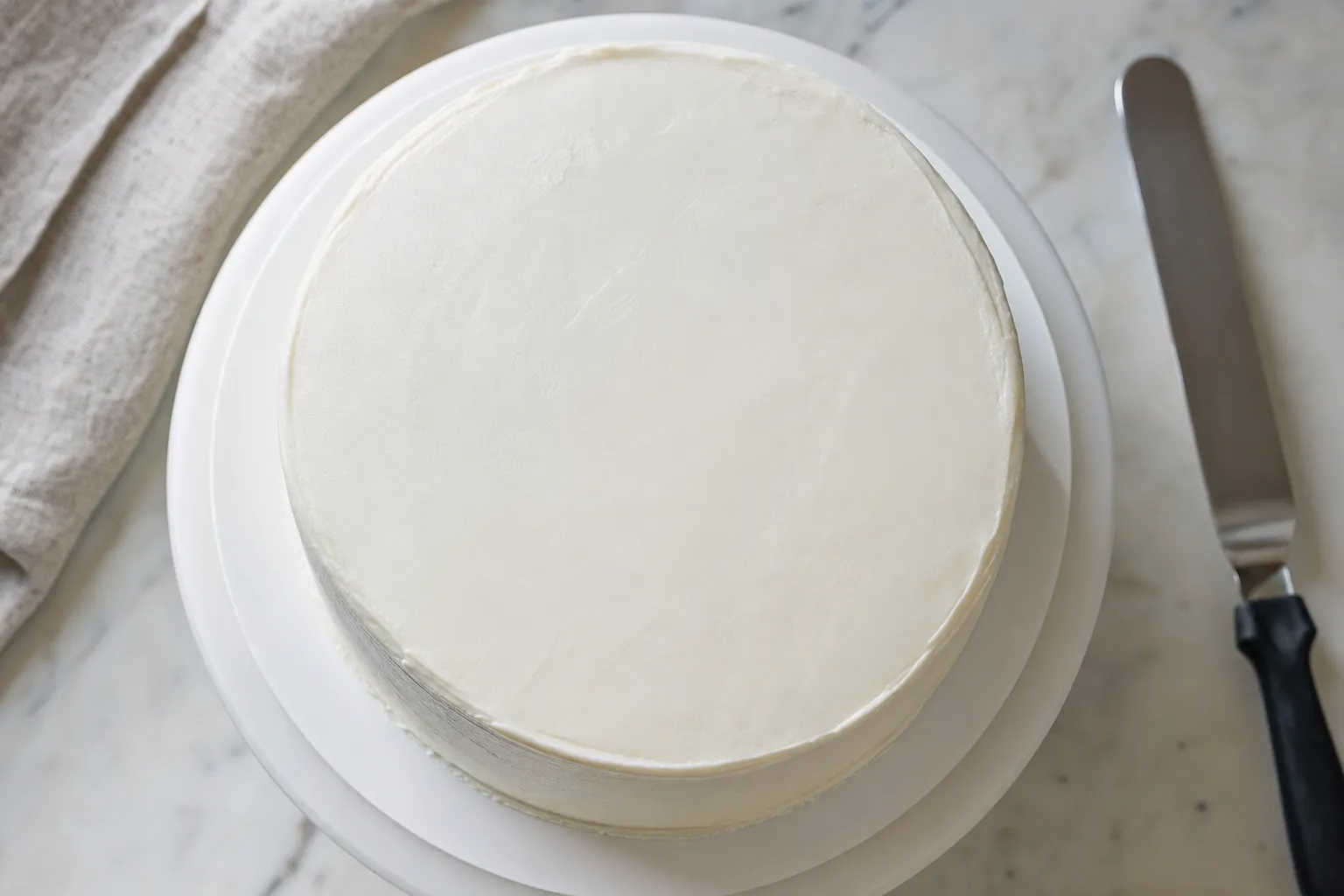 A smooth white-frosted cake ready for an edible image