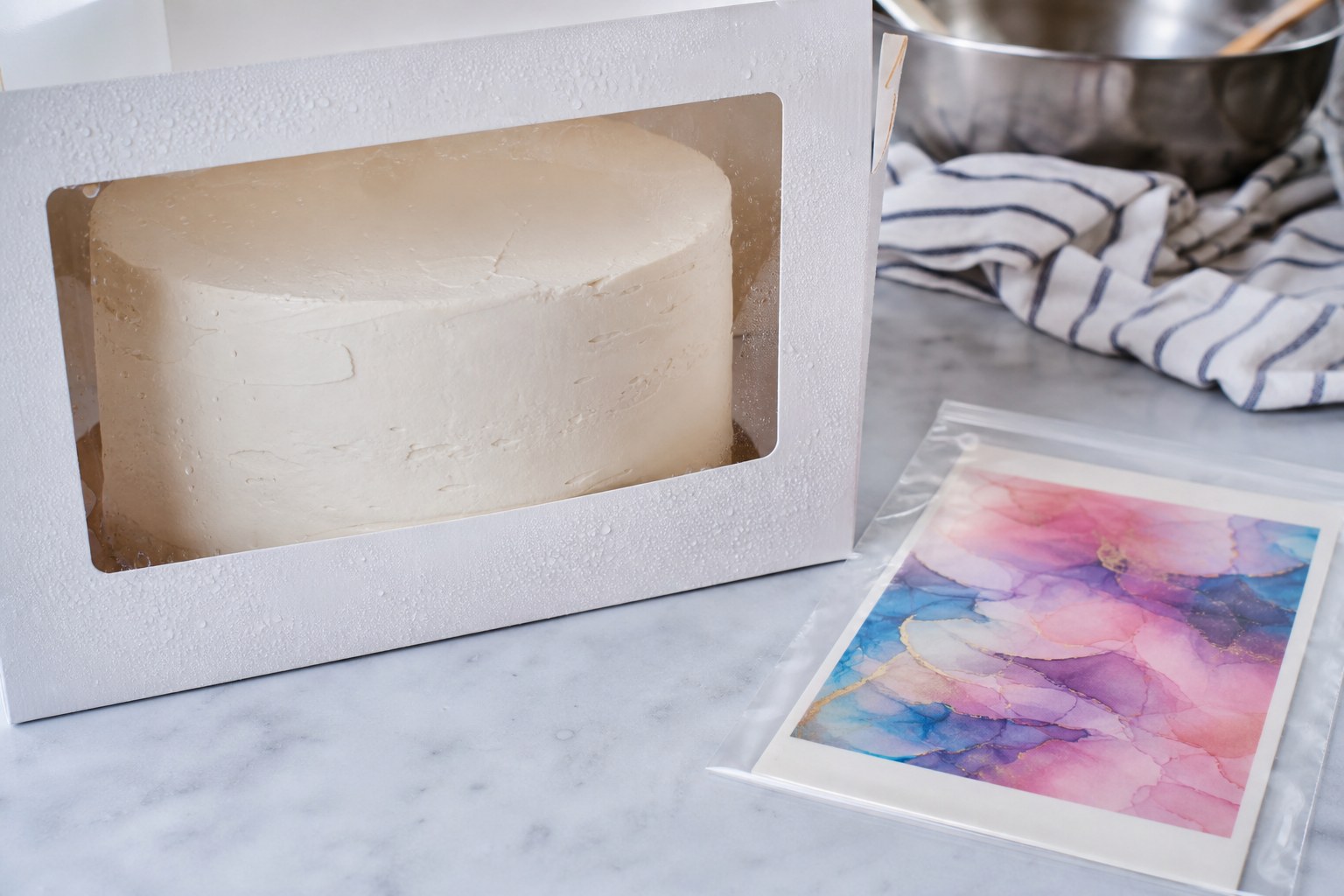 Cake carrier with condensation beside a sealed edible image