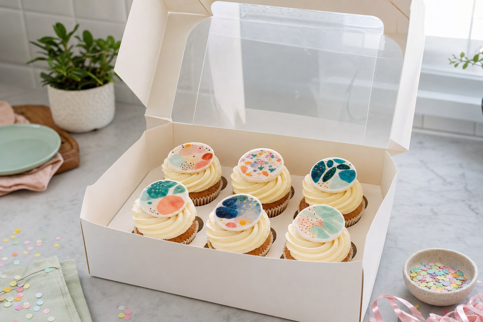 Finished edible-image cupcakes arranged in a tall bakery carrier