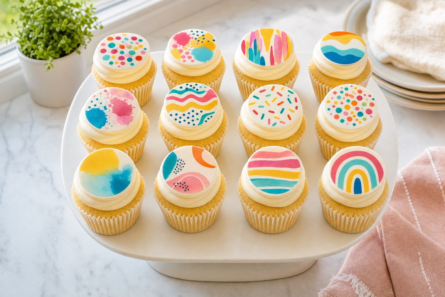 A dozen vanilla cupcakes topped with colorful abstract edible images