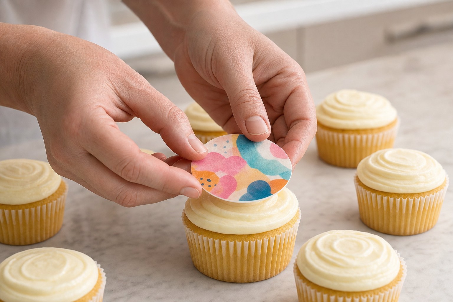 Hands placing a small colorful edible image onto a buttercream cupcake