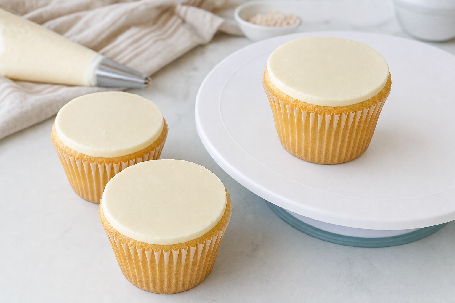 Vanilla cupcakes with smooth flat buttercream tops ready for edible images