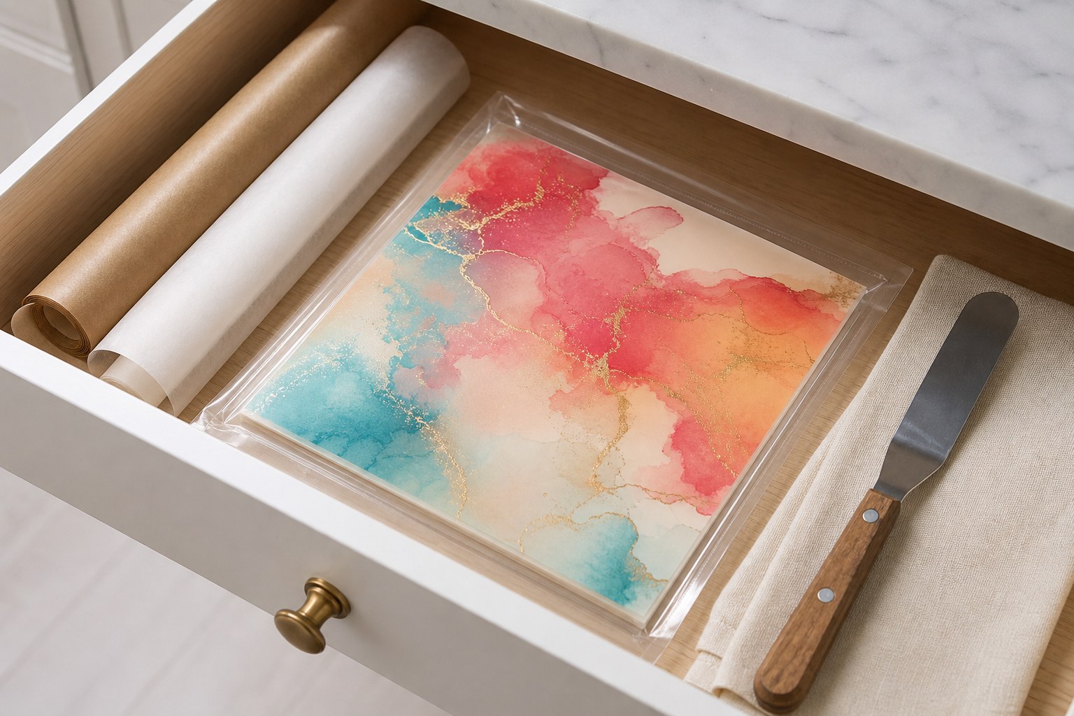 Sealed edible image stored flat in a clean kitchen drawer