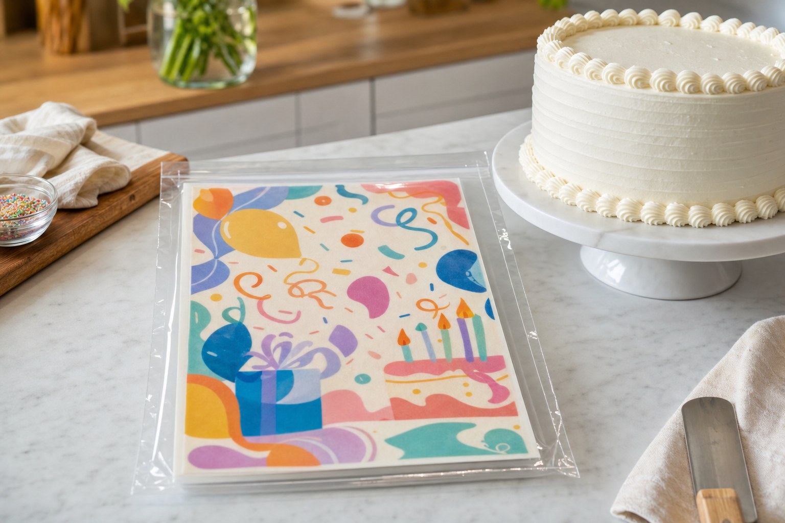 Sealed edible frosting sheet beside a white buttercream cake