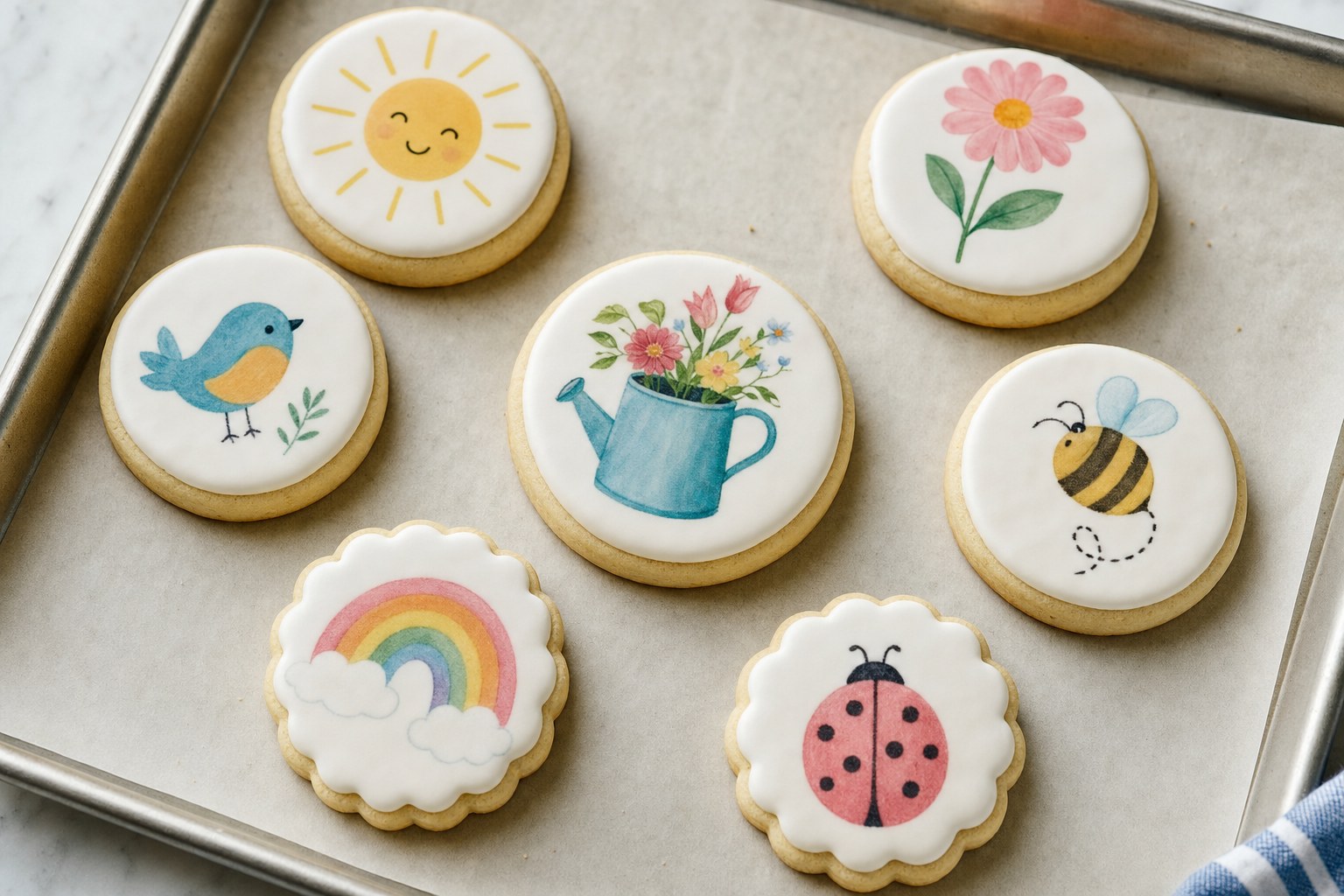 Sugar cookies with smooth white icing and colorful edible image designs on a baking tray