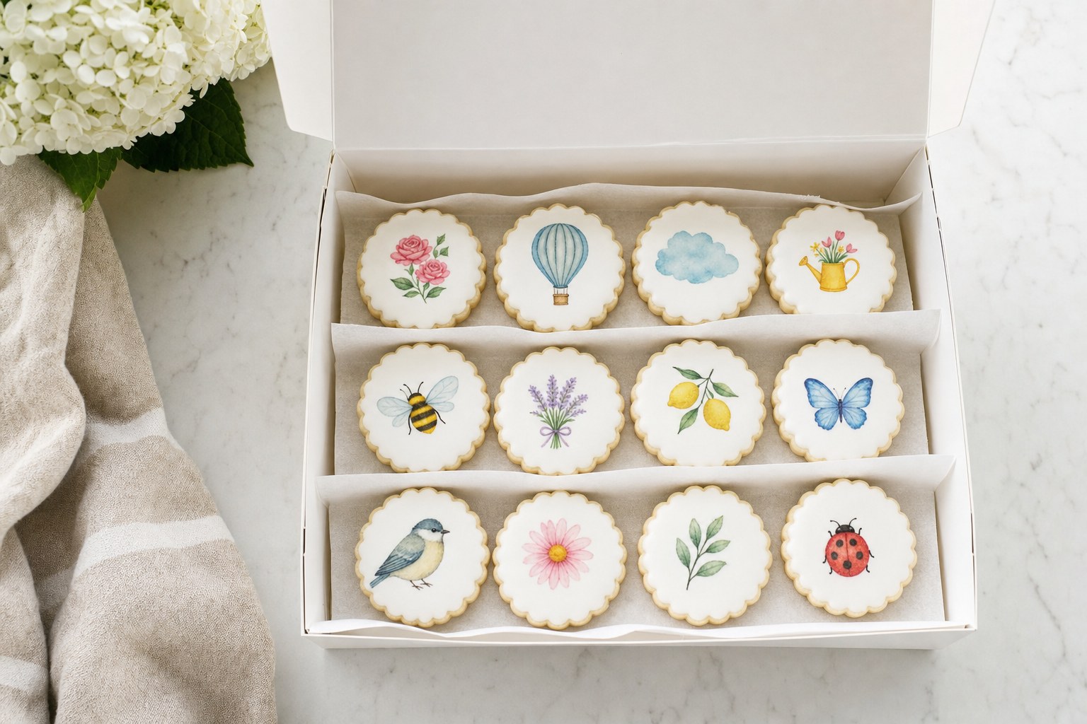 Finished edible-image sugar cookies arranged in a roomy bakery box with parchment dividers
