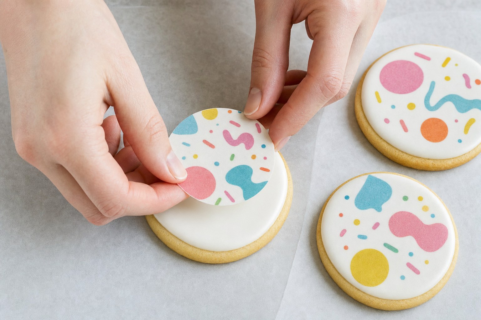 Hands lowering a round colorful edible image onto a smooth iced sugar cookie