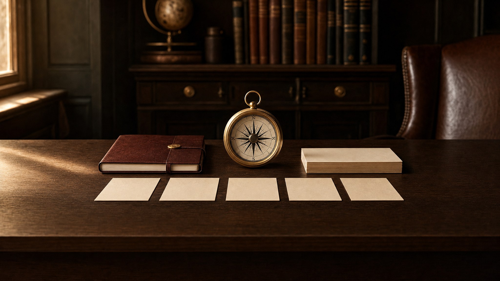 Brass compass centered on a desk with blank cards arranged in a line