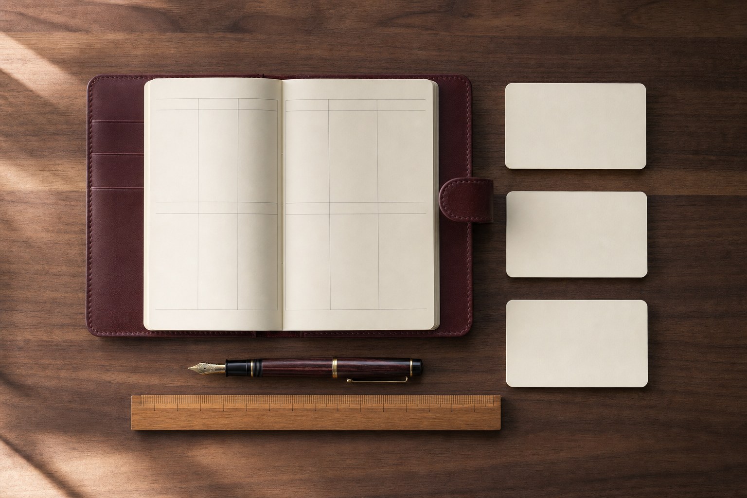 Open weekly planner, fountain pen, ruler, and blank cards on a walnut desk