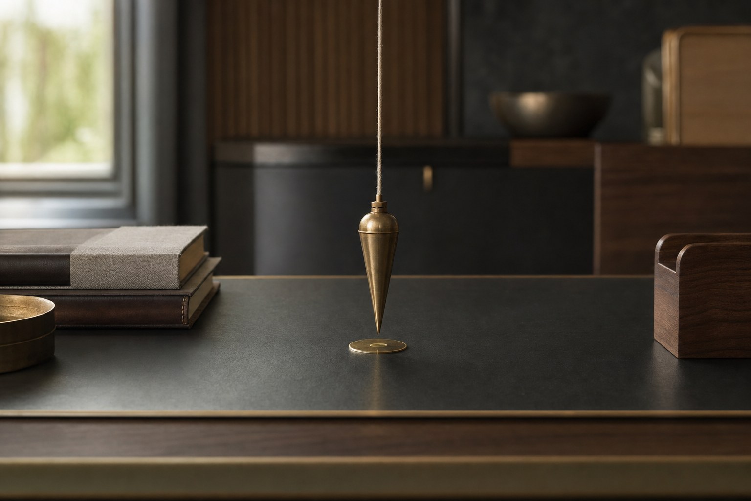 Brass plumb line centered over a small marker on a dark desk