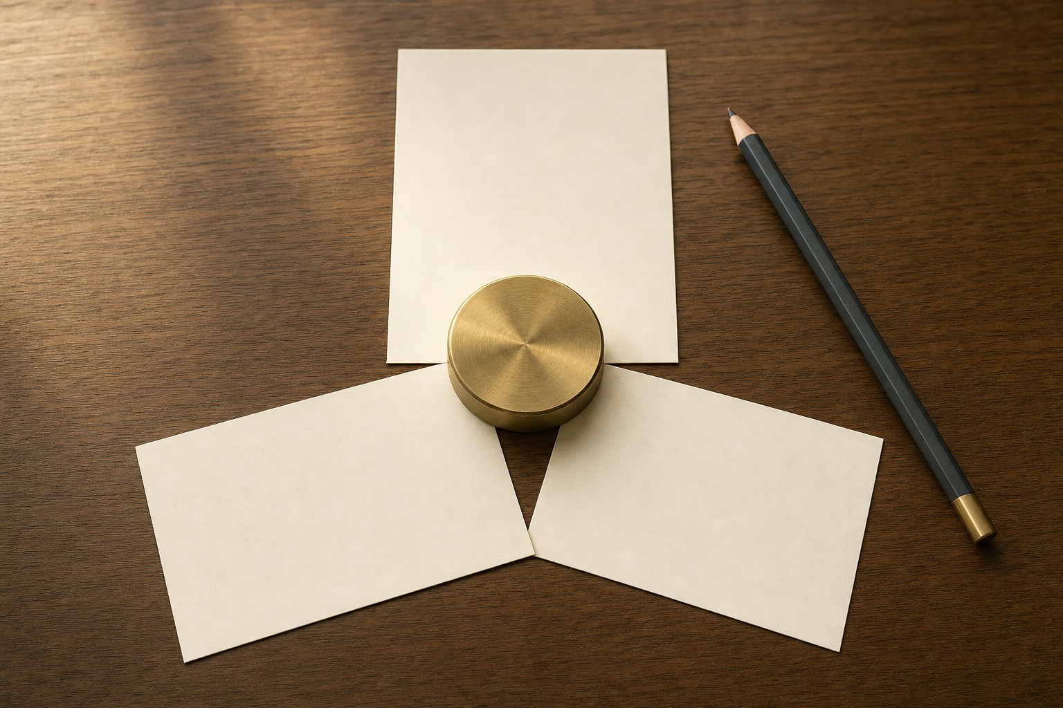 Brass paperweight centered over three blank decision cards